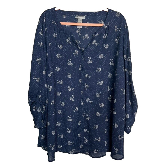 Catherines Blouse Tunic Top Blue White Polka Dot Flower Button Down Semi Sheer - Picture 1 of 9